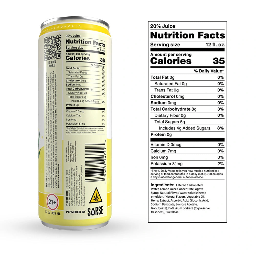 The back of a Drinkin’ Buds Spiked Lemonade can, displaying the nutrition facts, ingredients list, a QR code for more details, and warnings including a 21+ age restriction and THC content symbol.