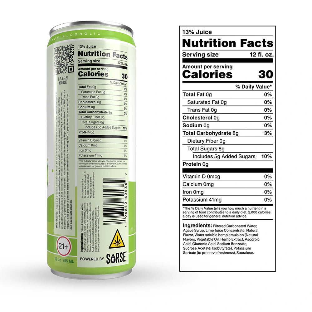 The back of a Drinkin’ Buds Margarita can, displaying the nutrition facts, ingredients list, a QR code for more details, and warnings including a 21+ age restriction and THC content symbol.