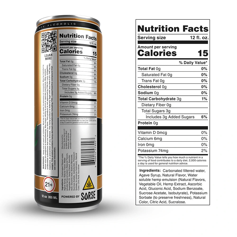 The back of a Drinkin’ Buds Wisconsin Old Fashioned can, showing the nutrition facts, ingredients list, a QR code for more details, and warnings including a 21+ age restriction and THC content symbol.