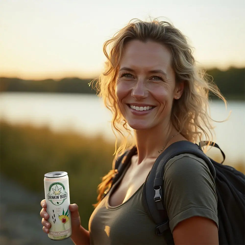 A smiling woman with a backpack holds a can of Drinkin’ Buds Piña Colada beverage outdoors near a lake at sunset.