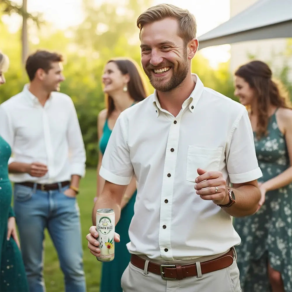 A smiling man holding a can of Drinkin’ Buds Piña Colada stands in a garden gathering with friends.