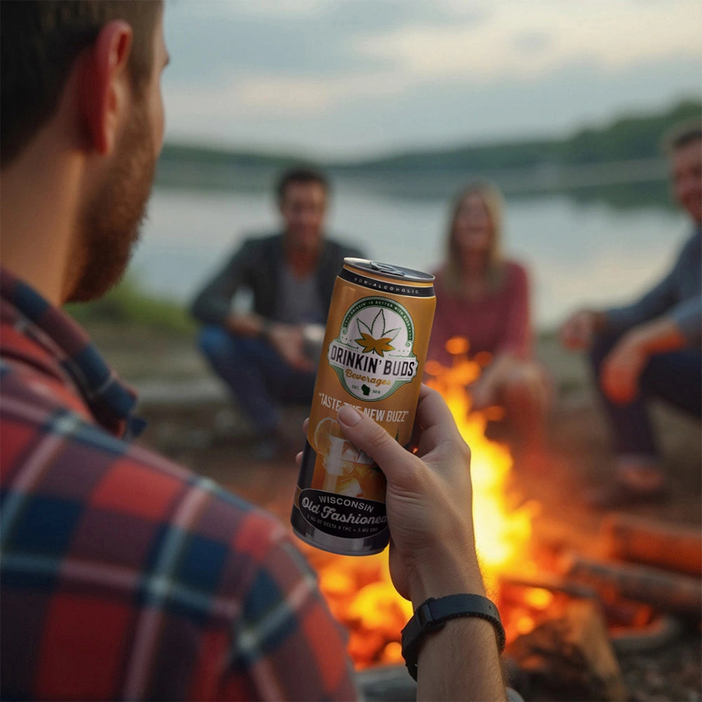 A person in a plaid shirt holds a can of Drinkin’ Buds Wisconsin Old Fashioned while sitting around a campfire with friends by a lake at dusk.