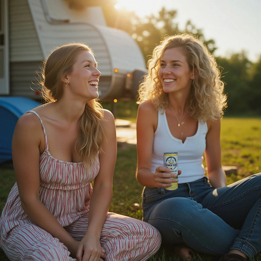 Two smiling women relax on the grass near a camper, with one holding a can of Drinkin’ Buds Spiked Lemonade as they enjoy a sunny outdoor moment.