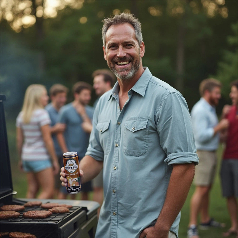 A smiling man holds a can of Drinkin’ Buds Wisconsin Old Fashioned while grilling burgers at an outdoor gathering with friends.