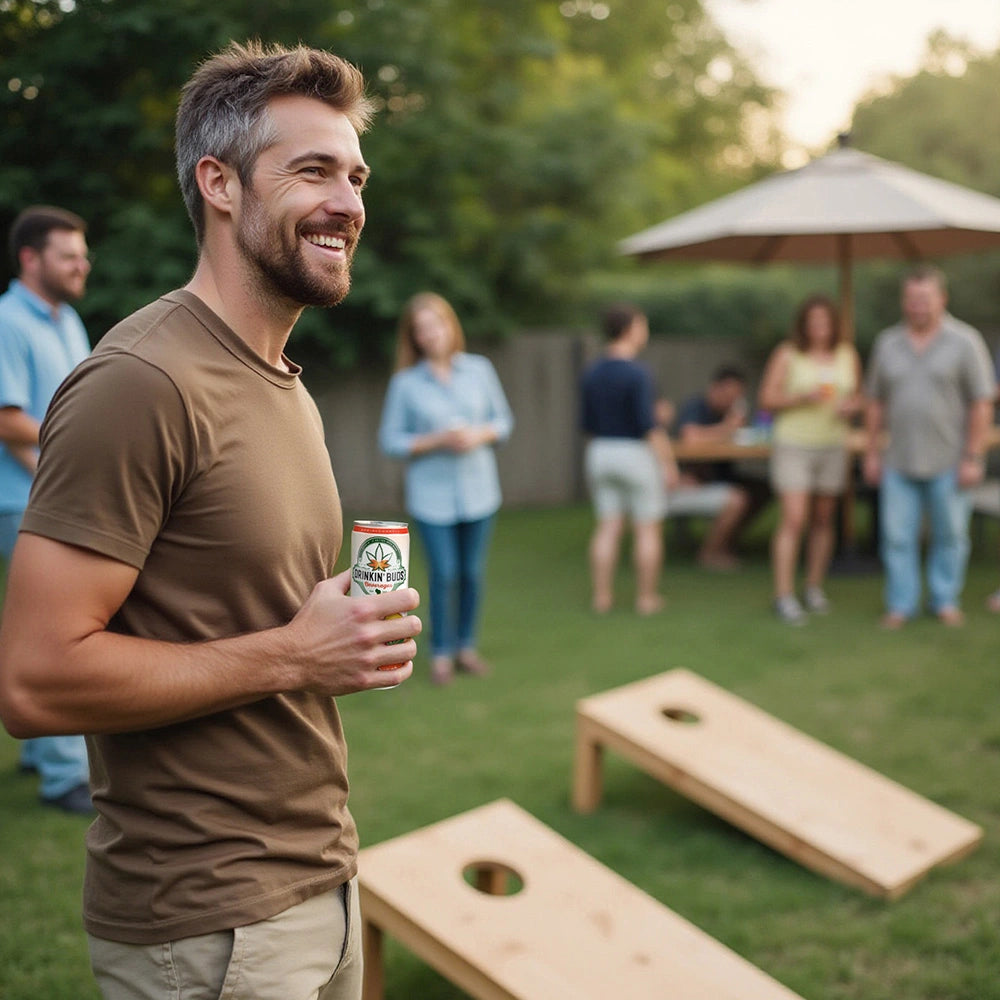 A smiling man holding a can of Drinkin’ Buds Rum Punch enjoys a backyard gathering with friends, with cornhole boards and a picnic table in the background.