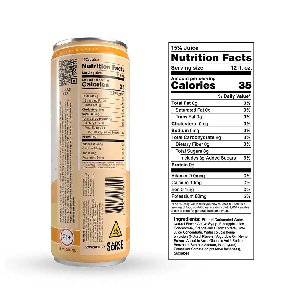 The back of a Drinkin’ Buds Mai Tai can, displaying the nutrition facts, ingredients list, a QR code for more details, and warnings including a 21+ age restriction and THC content symbol.