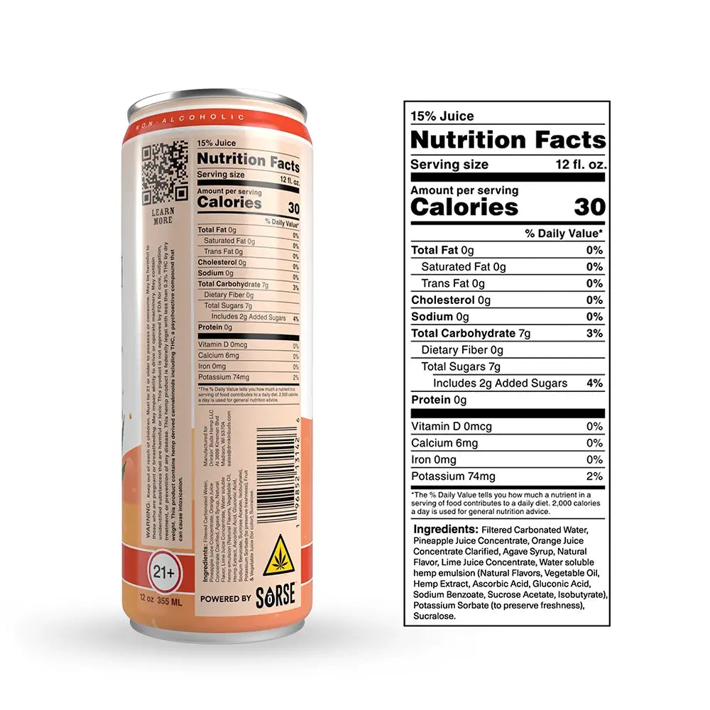 The back of a Drinkin’ Buds Rum Punch can, displaying the nutrition facts label, ingredients list, a QR code for more information, and warnings including a 21+ age restriction and a THC content symbol.