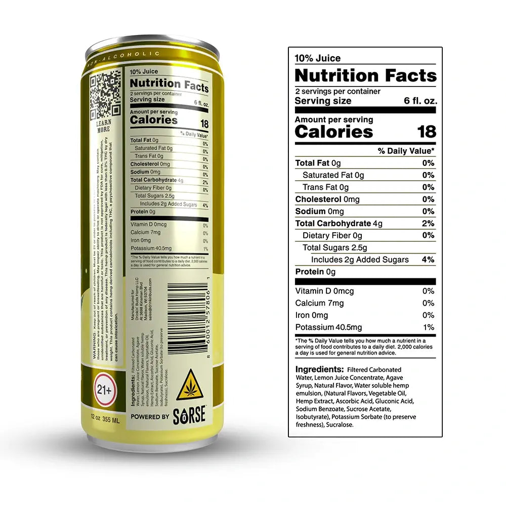 The back of a Drinkin' Buds Spiked Lemonade can, displaying the nutrition facts, ingredients list, a QR code, and a