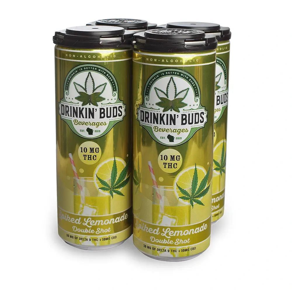 A four-pack of Drinkin’ Buds Spiked Lemonade cans, a THC-infused non-alcoholic beverage, featuring a cannabis leaf logo and lemon imagery on the packaging.