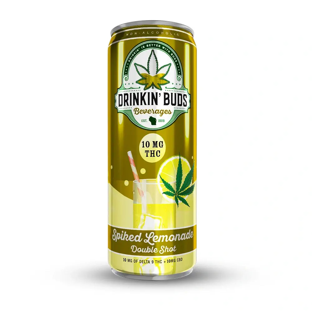 A tall, yellow can of Drinkin' Buds Spiked Lemonade featuring a cannabis leaf logo, 10mg THC labeling, and an image of a lemonade drink with ice and a straw.