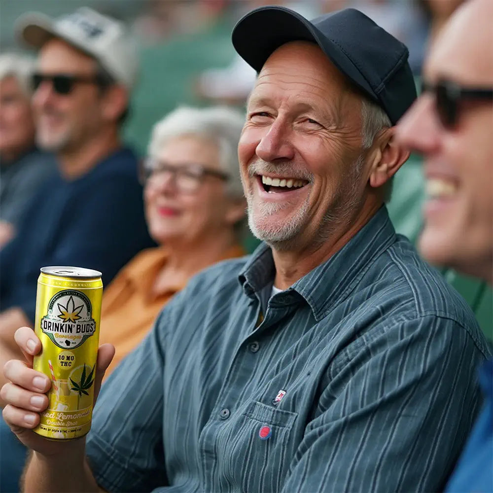 A cheerful older man in a cap and striped shirt holds a can of Drinkin' Buds Spiked Lemonade while laughing at an outdoor event, surrounded by other smiling attendees.