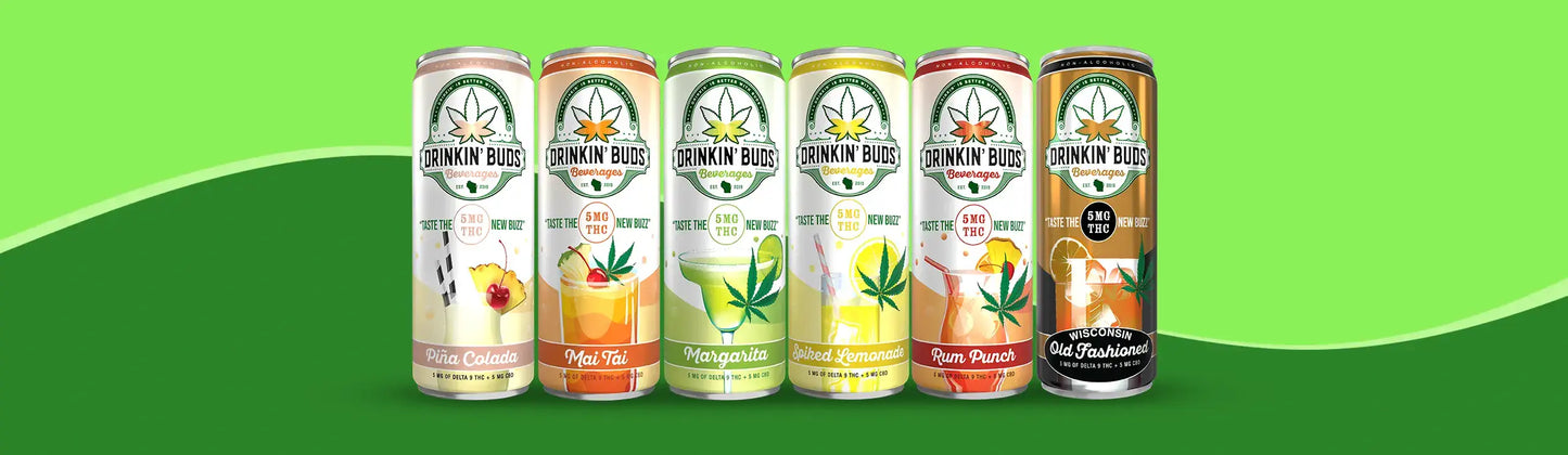 A lineup of six colorful Drinkin’ Buds cannabis-infused beverage cans in various cocktail flavors against a bright green background.