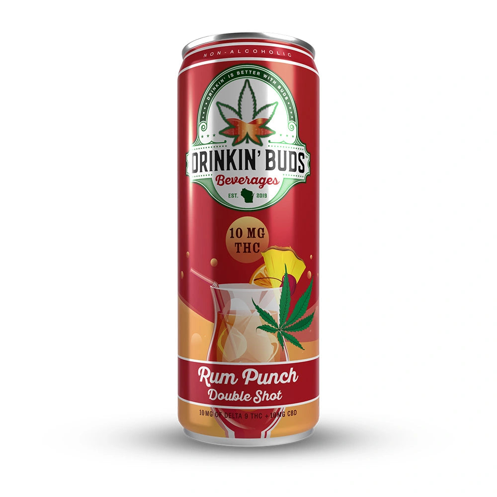 A tall can of Drinkin’ Buds Rum Punch Double Shot, a non-alcoholic THC and CBD-infused beverage, featuring a cannabis leaf logo and an illustration of a tropical rum punch cocktail with pineapple and cherry garnish.