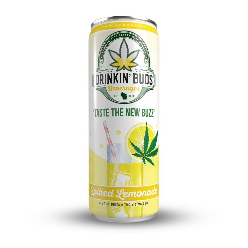 
                      
                        A tall can of Drinkin’ Buds Spiked Lemonade, a non-alcoholic THC and CBD-infused beverage, featuring a cannabis leaf logo and an illustration of a refreshing lemonade with ice, a straw, and a lemon slice.
                      
                    