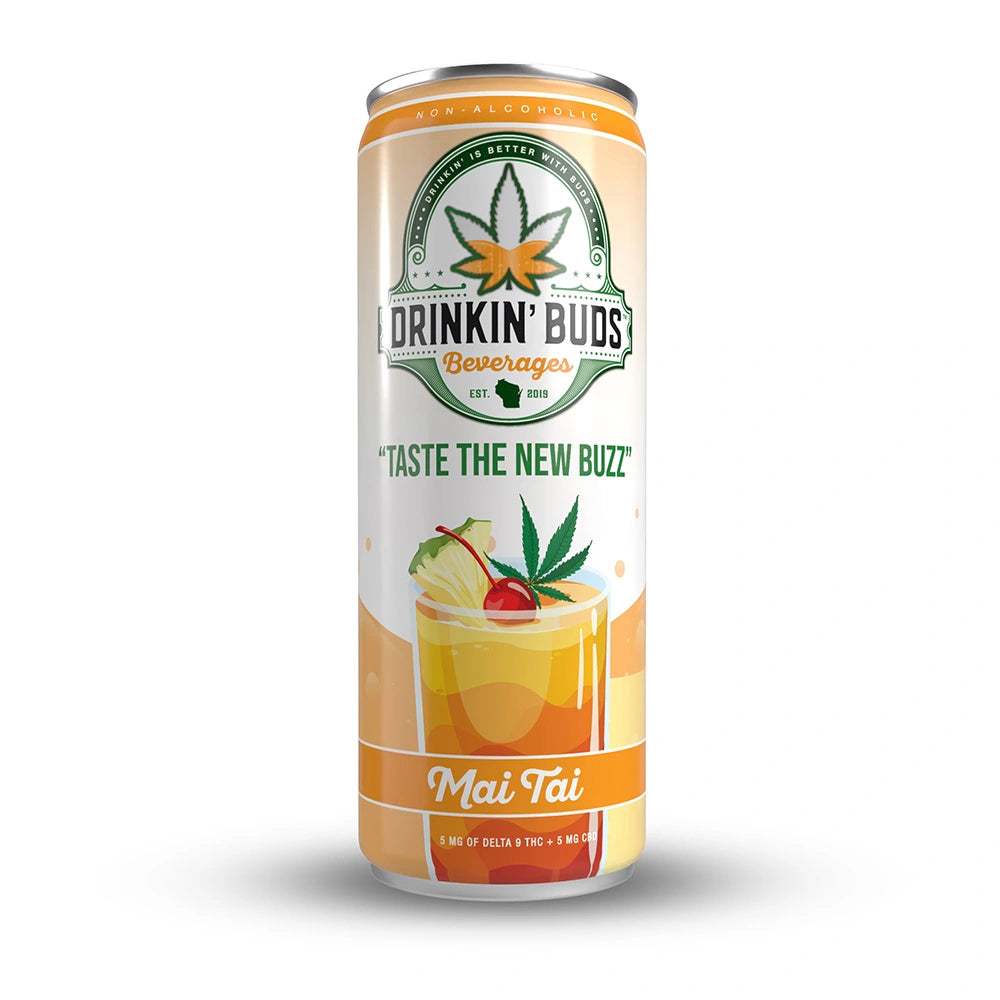 A tall can of Drinkin’ Buds Mai Tai, a non-alcoholic THC and CBD-infused beverage, featuring a cannabis leaf logo and an illustration of a tropical Mai Tai cocktail with a pineapple and cherry garnish.