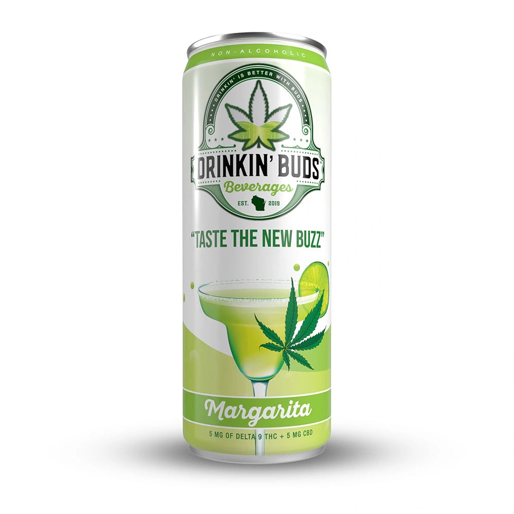 
                      
                        A tall can of Drinkin’ Buds Margarita, a non-alcoholic THC and CBD-infused beverage, featuring a cannabis leaf logo and an illustration of a classic margarita with a lime garnish.
                      
                    