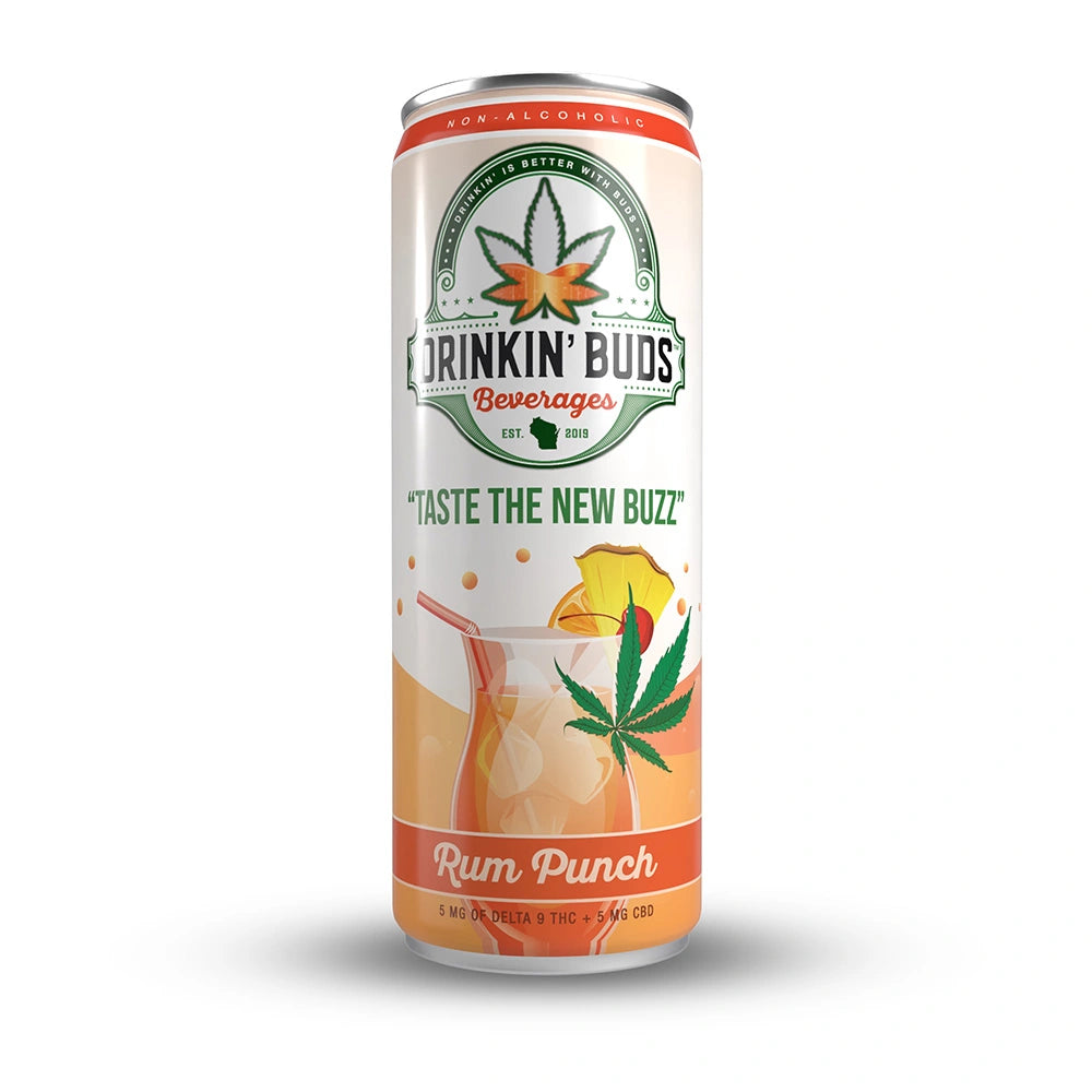 A tall can of Drinkin’ Buds Rum Punch, a non-alcoholic THC and CBD-infused beverage, featuring a cannabis leaf logo and a tropical drink illustration with pineapple and cherry garnish.