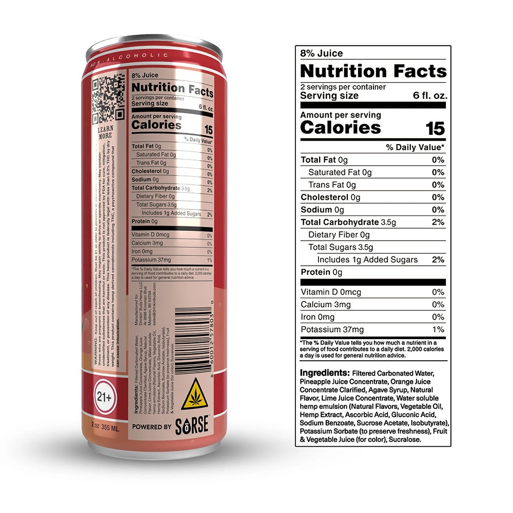 
                      
                        The back of a Drinkin’ Buds Rum Punch Double Shot can, displaying the nutrition facts, ingredients list, a QR code for more details, and warnings including a 21+ age restriction and THC content symbol.
                      
                    