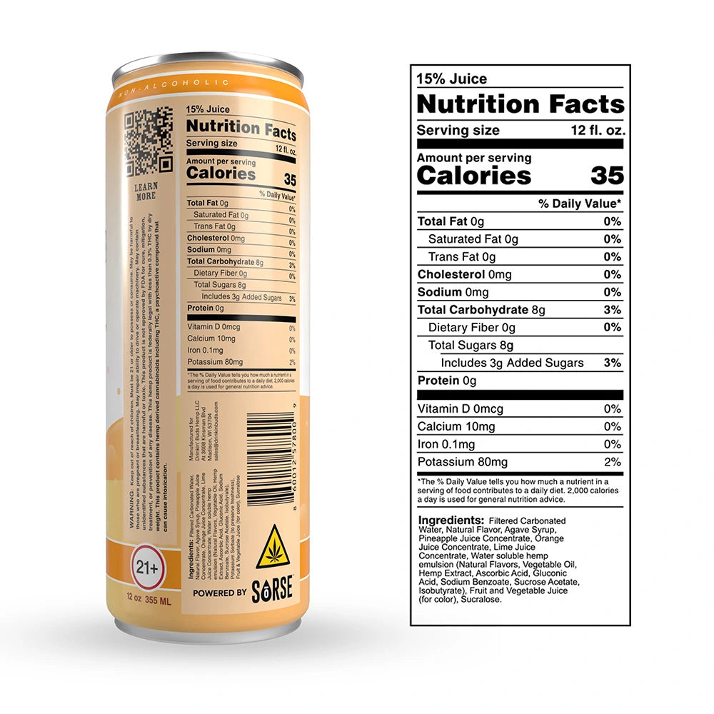 
                      
                        The back of a Drinkin’ Buds Mai Tai can, displaying the nutrition facts, ingredients list, a QR code for more details, and warnings including a 21+ age restriction and THC content symbol.
                      
                    