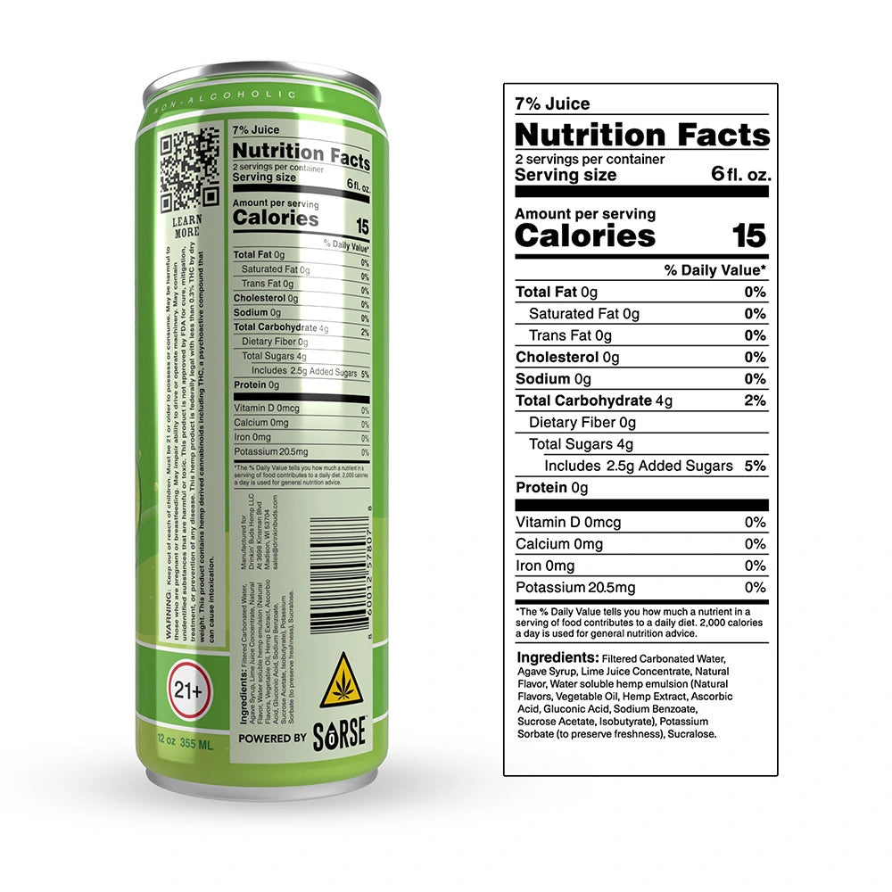 
                      
                        The back of a Drinkin’ Buds Margarita can, displaying the nutrition facts, ingredients list, a QR code for more details, and warnings including a 21+ age restriction and THC content symbol.
                      
                    