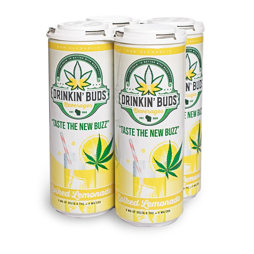 A four-pack of Drinkin’ Buds Spiked Lemonade cans, a non-alcoholic THC and CBD-infused beverage, featuring a cannabis leaf logo and an illustration of a refreshing lemonade with ice, a straw, and a lemon slice.