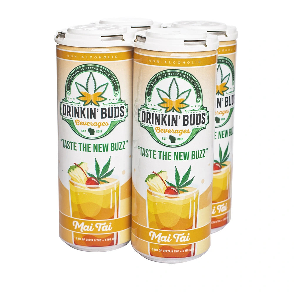 
                      
                        A four-pack of Drinkin’ Buds Mai Tai cans, a non-alcoholic THC and CBD-infused beverage, featuring a cannabis leaf logo and an illustration of a tropical Mai Tai cocktail with a pineapple and cherry garnish.
                      
                    
