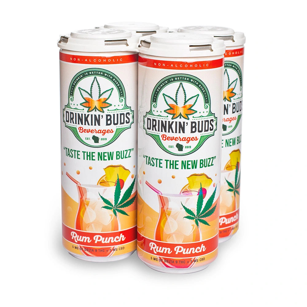 A four-pack of Drinkin’ Buds Rum Punch cans, a non-alcoholic THC and CBD-infused beverage, featuring a cannabis leaf logo and tropical drink imagery with pineapple and cherry garnish.