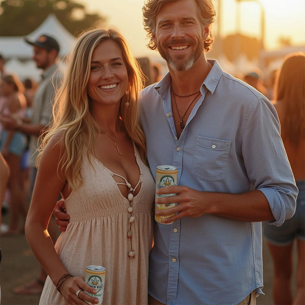 
                      
                        A smiling couple enjoys a sunset festival while holding cans of Drinkin’ Buds Mai Tai, surrounded by a lively crowd.
                      
                    