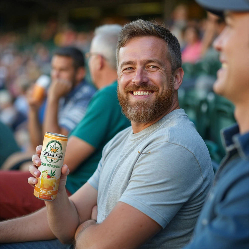 
                      
                        A smiling man enjoys a Drinkin’ Buds Mai Tai while sitting in the stands at a sports event, surrounded by a lively crowd.
                      
                    