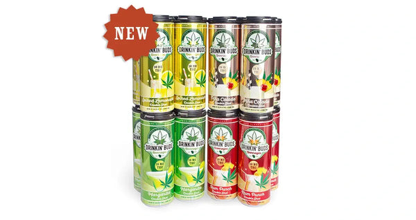 A 12-pack of Drinkin' Buds THC beverages in assorted flavors with a "NEW" badge displayed in the top left corner.