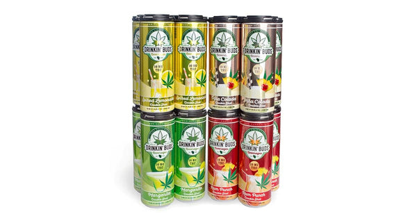 A 12-pack of Drinkin' Buds THC beverages in assorted flavors with a "NEW" badge displayed in the top left corner.