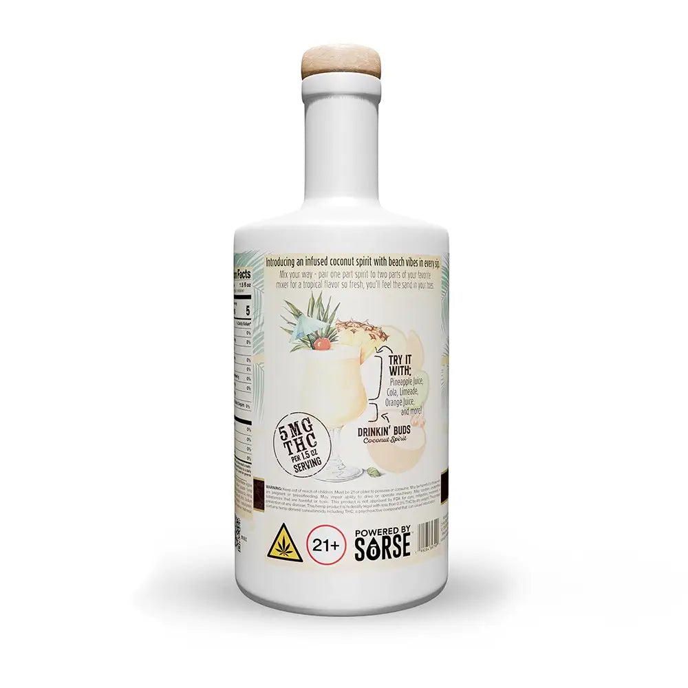 A white bottle labeled “Drinkin’ Buds Coconut Splash” features tropical imagery and promotes a THC-infused coconut spirit with 5mg THC per serving.