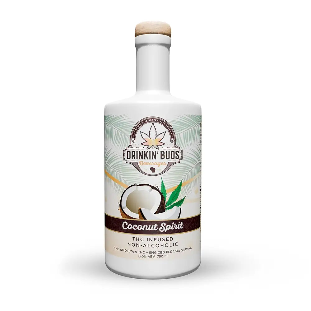 A white bottle of Drinkin' Buds Coconut Spirit features tropical graphics and is labeled as a THC-infused, non-alcoholic beverage.