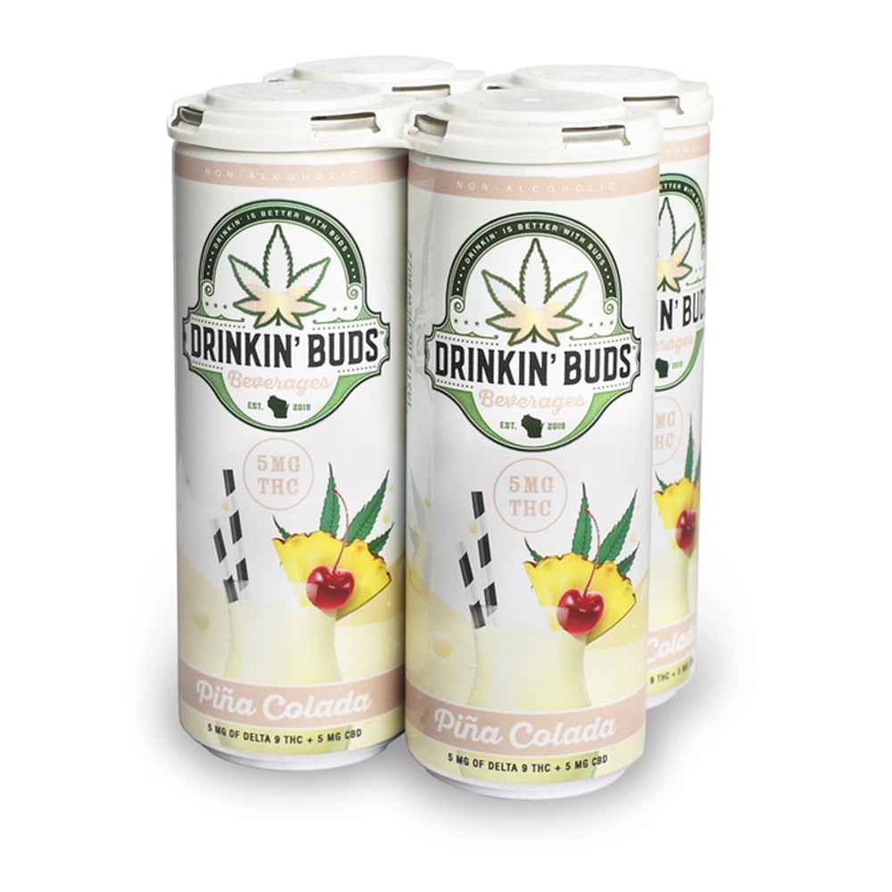 Three cans of 'Drinkin' Buds' Pina Colada on a white background