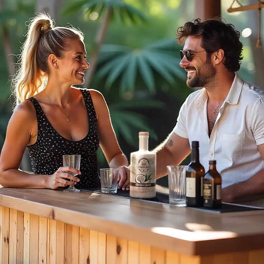 
                      
                        A smiling man and woman enjoy drinks together at an outdoor bar with a bottle of Drinkin’ Buds Coconut Spirit on the counter between them.
                      
                    