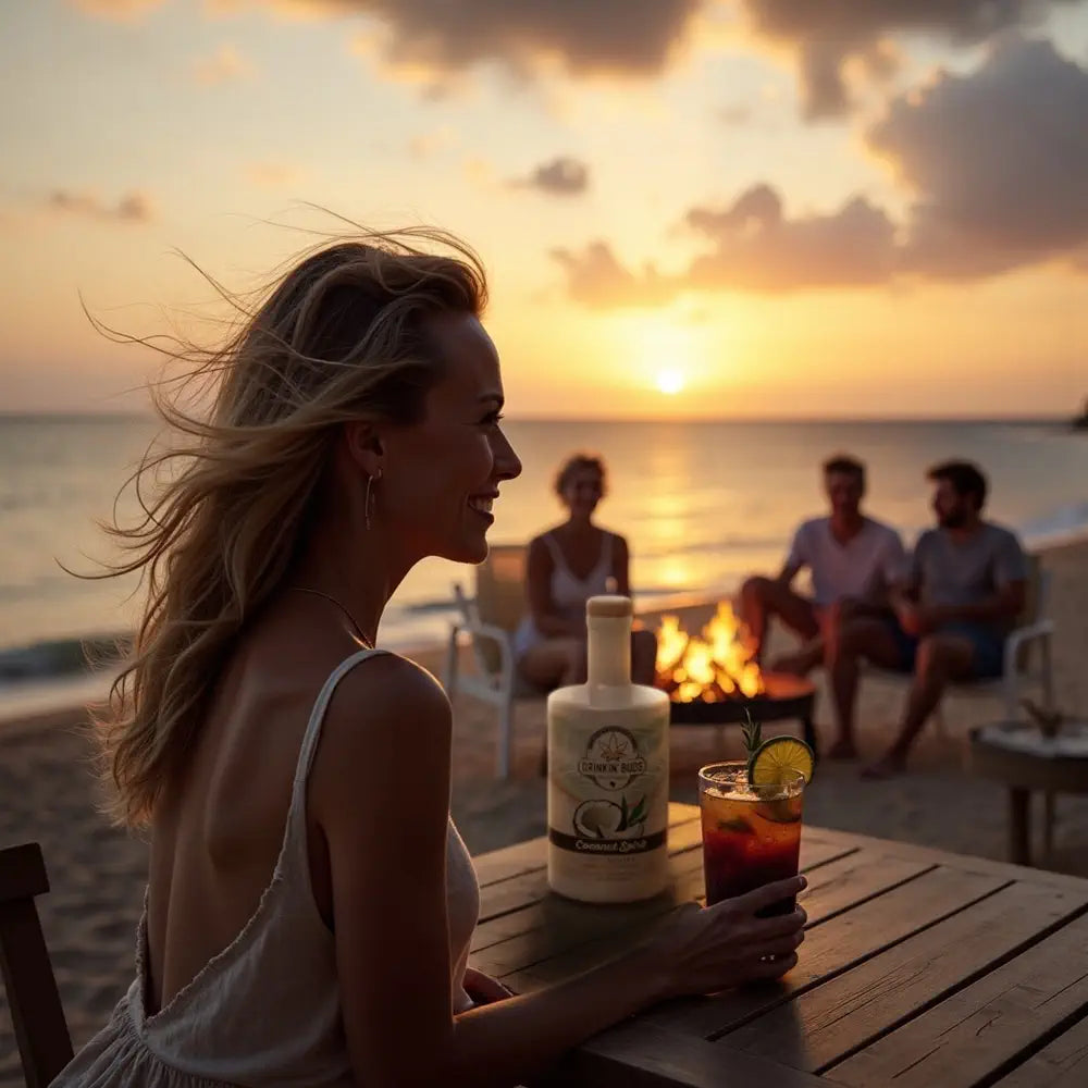 
                      
                        A woman enjoys a cocktail at a beachside table with a bottle of Drinkin’ Buds Coconut Spirit, while friends relax around a fire at sunset.
                      
                    