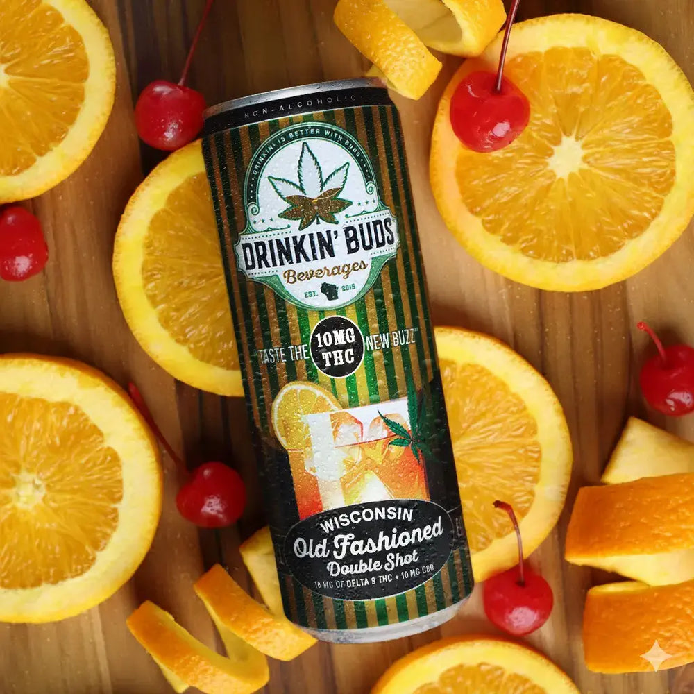 
                      
                        Can of Drinkin' Buds Beverages surrounded by oranges and cherries on a wooden surface
                      
                    