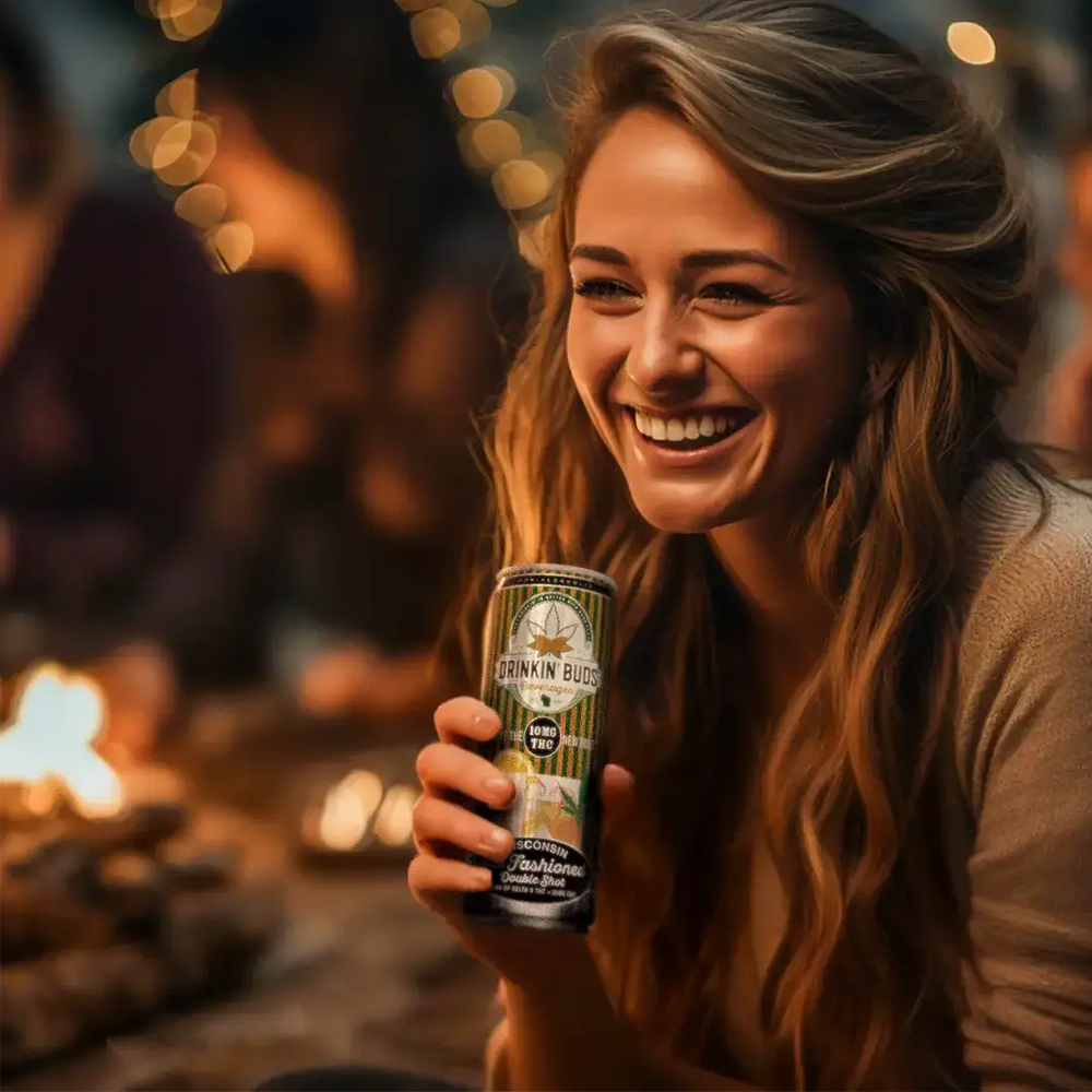 
                      
                        Woman holding a can of Drinkin Buds Wisconsin Old Fashioned by a campfire
                      
                    