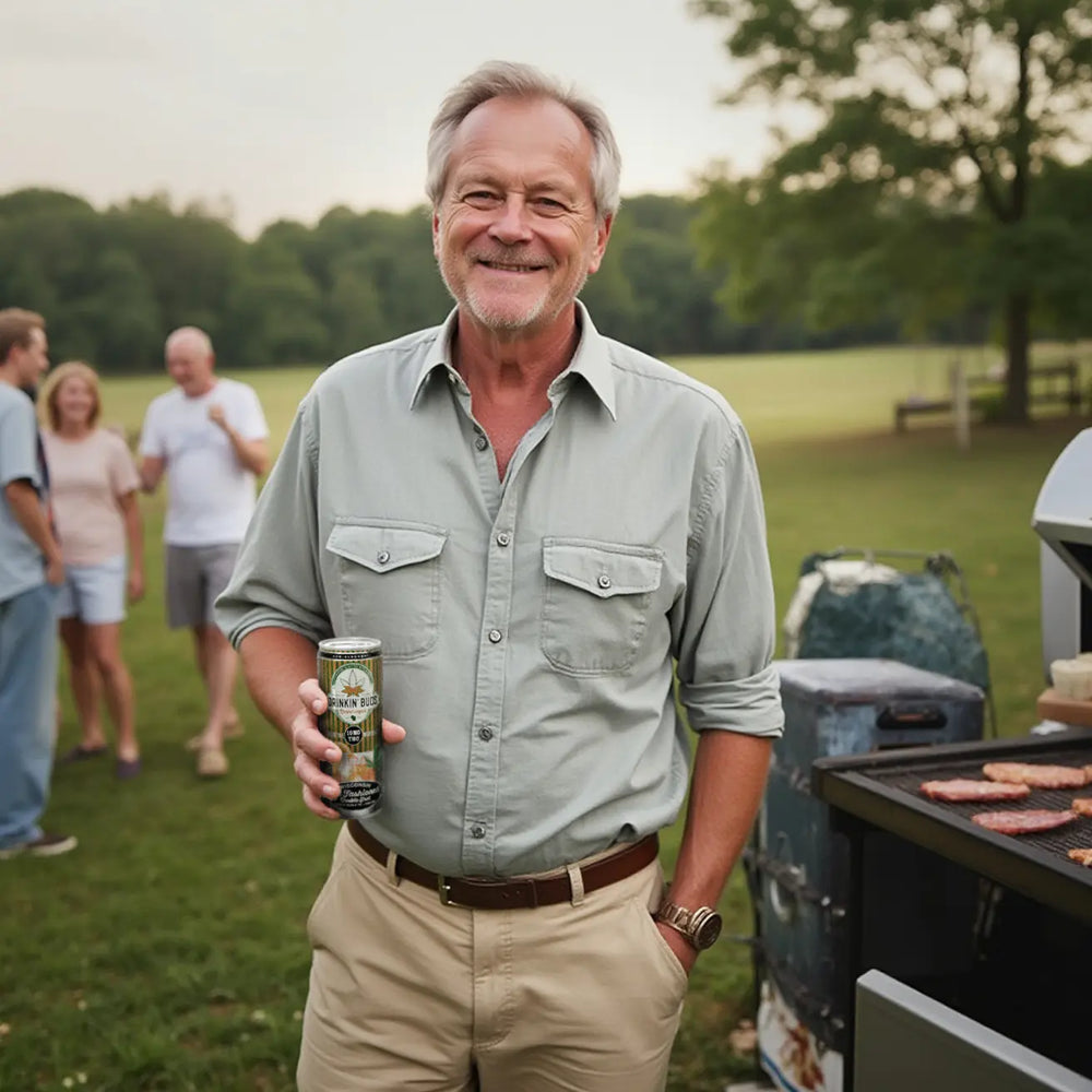 
                      
                        Man holding a can of Drinkin Buds Wisconsin Old Fashioned, outdoors with people and a grill in the background
                      
                    
