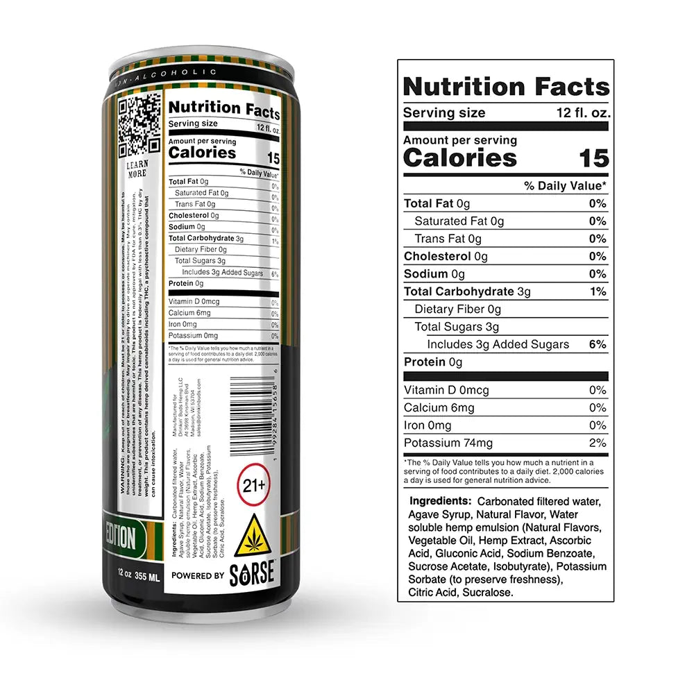 Drinkin Buds can with nutrition label on a white background