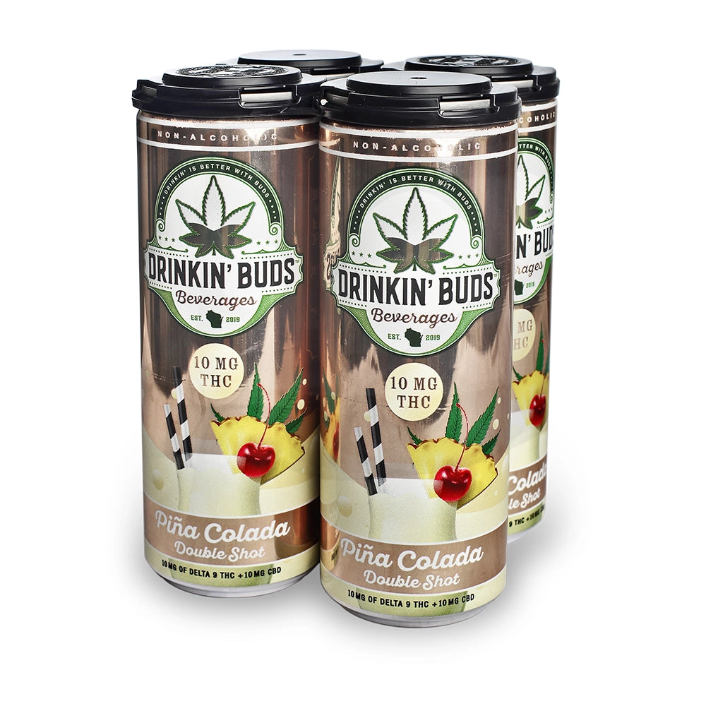 
                      
                        A four-pack of Drinkin' Buds Piña Colada Double Shot cans, featuring a tropical design with pineapples, cherries, and cannabis leaves, is displayed against a white background.
                      
                    