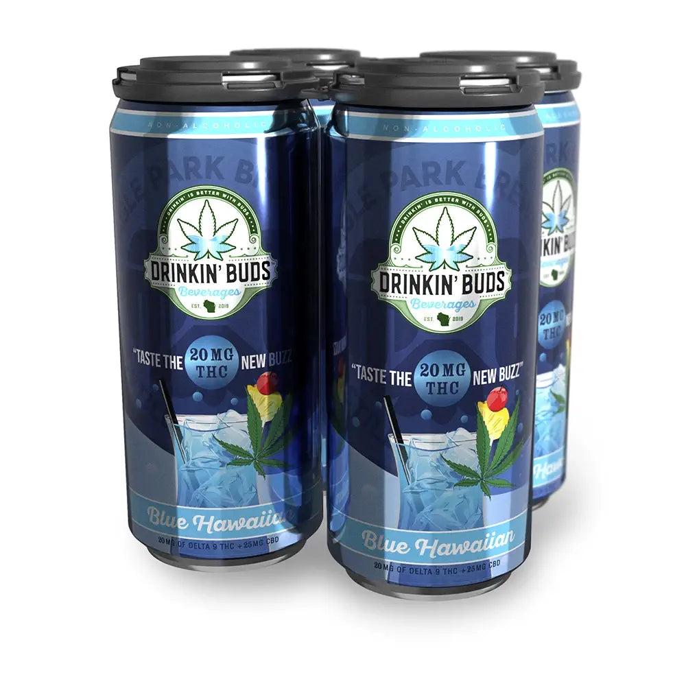 Four-pack of Drinkin’ Buds Blue Hawaiian non-alcoholic THC beverage cans with black can carriers on a white background.