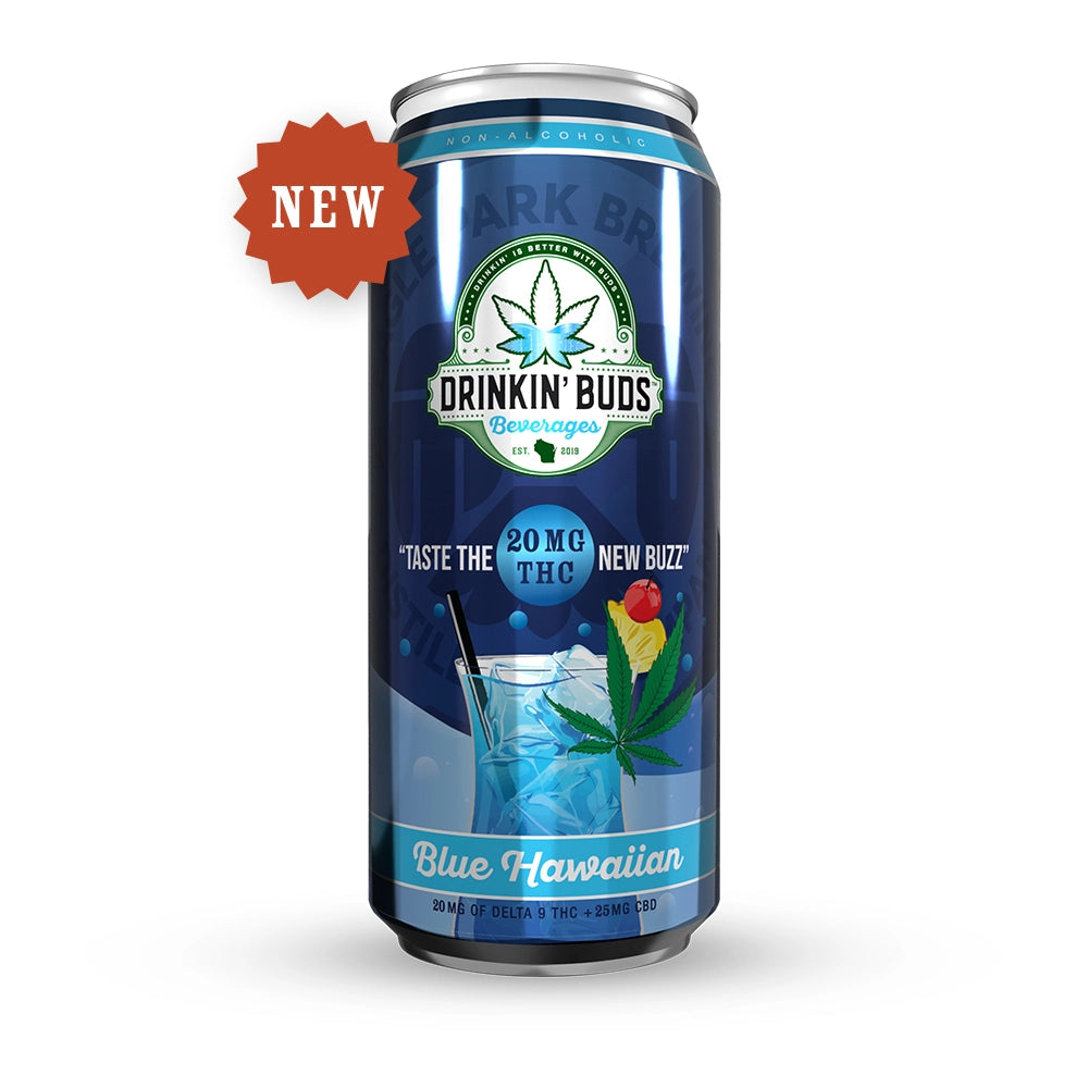 Tall blue can of Drinkin’ Buds Blue Hawaiian non-alcoholic THC beverage with tropical graphics on a white background.