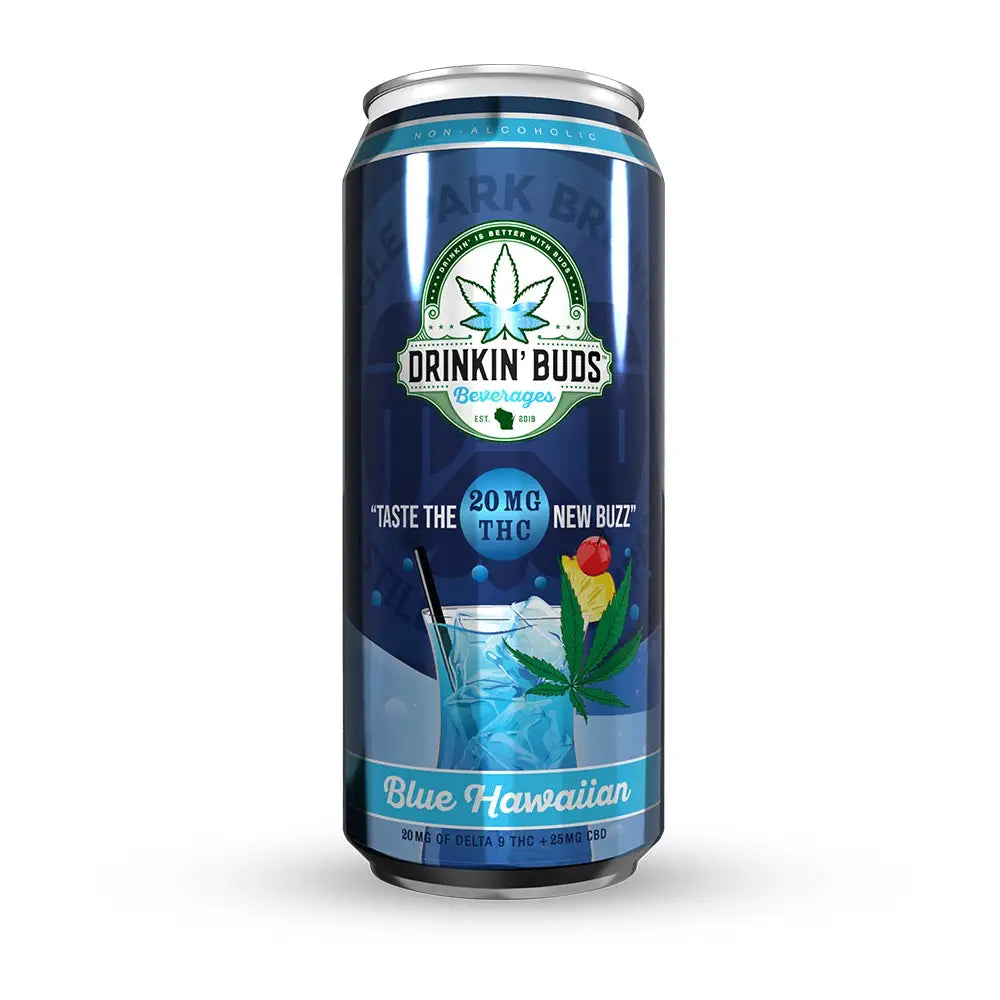 Tall blue can of Drinkin’ Buds Blue Hawaiian non-alcoholic THC beverage with tropical graphics on a white background.