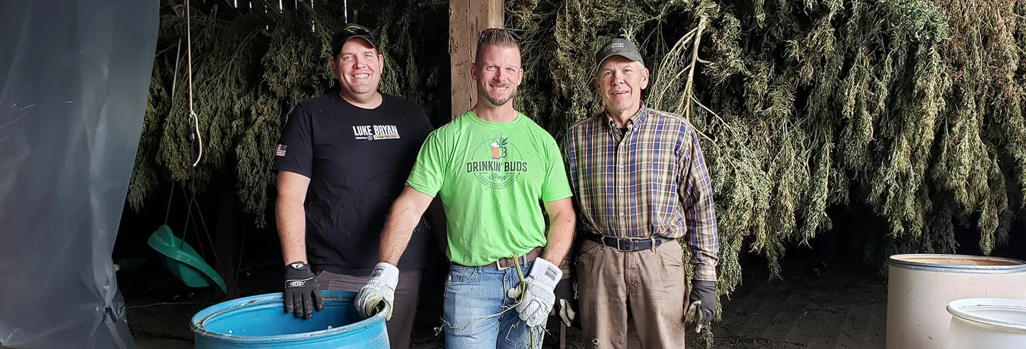 This image shows three men smiling as they stand in front of rows of drying cannabis plants. The man in the center wears a bright green “Drinkin’ Buds” t-shirt, suggesting affiliation with the brand. To his right, a man in plaid stands, and on the left, another man in black gloves and a t-shirt with "Luke Bryan" branding poses near a blue barrel. The background suggests a drying facility, with neatly hung cannabis branches.