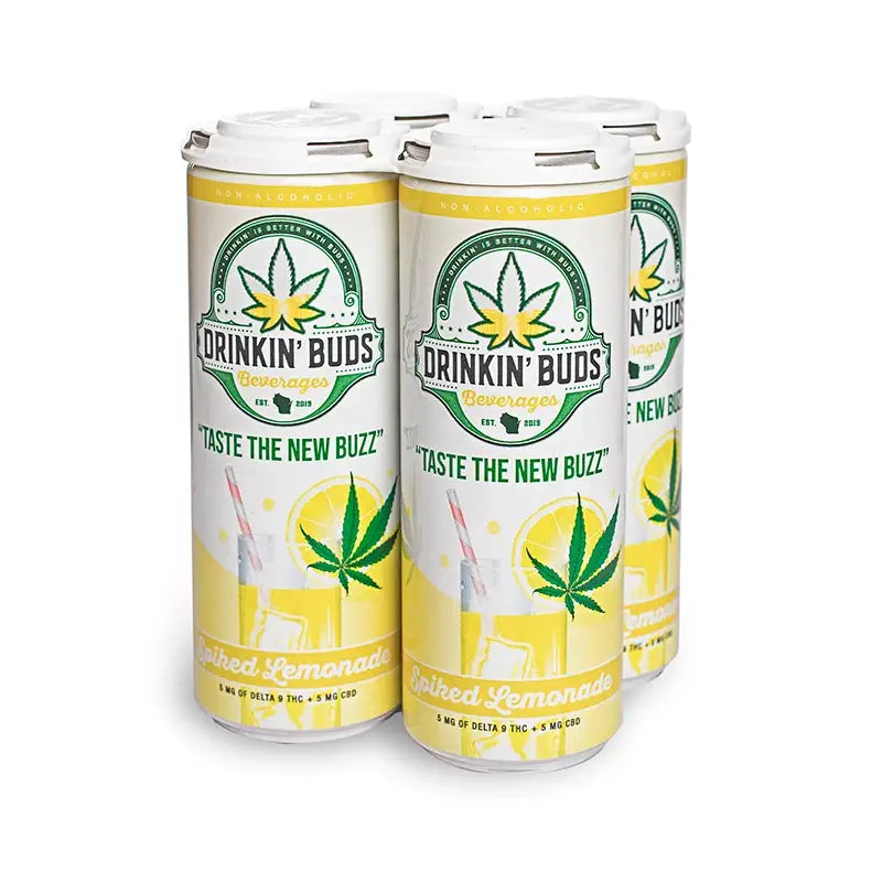 
                      
                        The image shows a four-pack of "Drinkin' Buds Beverages" in Spiked Lemonade flavor. The cans feature a white and yellow design with a cannabis leaf logo, the slogan "Taste the New Buzz," and illustrations of a lemonade glass with a straw, highlighting the drink's citrusy and refreshing qualities infused with 5 mg of Delta 9 THC and 5 mg of CBD.
                      
                    