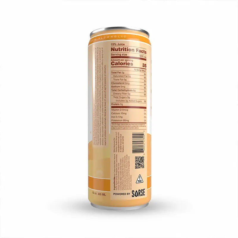 The image shows the back of a "Drinkin' Buds Beverages" Mai Tai can, with a Nutrition Facts label listing 35 calories per 12 oz and 15% juice. It includes a QR code, THC warning, and "Powered by SōRSE" branding.