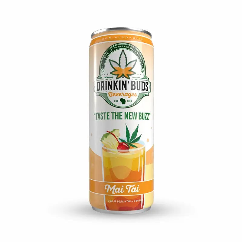 The image shows a single can of "Drinkin' Buds Beverages" Mai Tai flavor. The label features a cannabis leaf, the slogan "Taste the New Buzz," and a Mai Tai cocktail graphic with tropical garnishes, highlighting its fruity, infused essence.