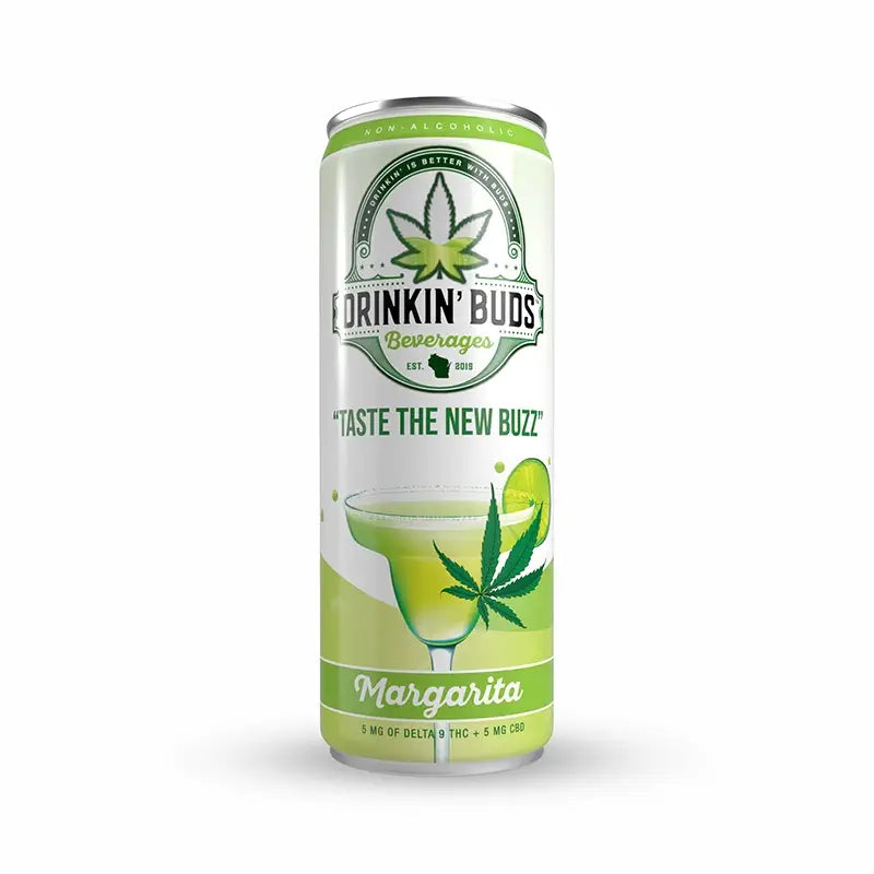 The image shows a single can of "Drinkin' Buds Beverages" in Margarita flavor. The label is white and green, featuring a cannabis leaf, the slogan "Taste the New Buzz," and a margarita glass graphic with a lime, highlighting its refreshing, THC- and CBD-infused nature.