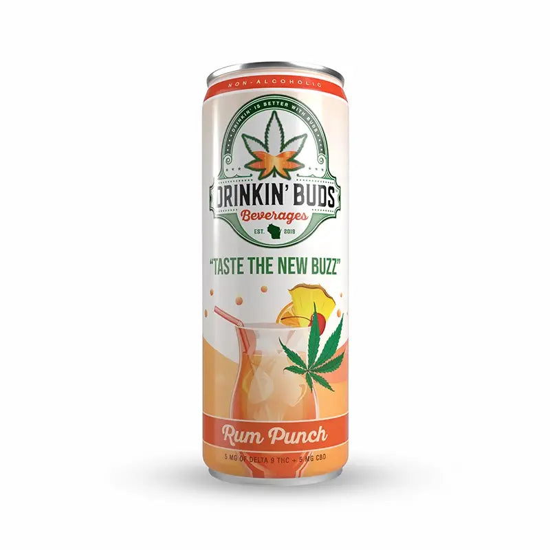 The image shows a single can of "Drinkin' Buds Beverages" Rum Punch flavor. The label features a cannabis leaf, the slogan "Taste the New Buzz," and a tropical rum punch cocktail illustration, emphasizing a fruity and infused experience.